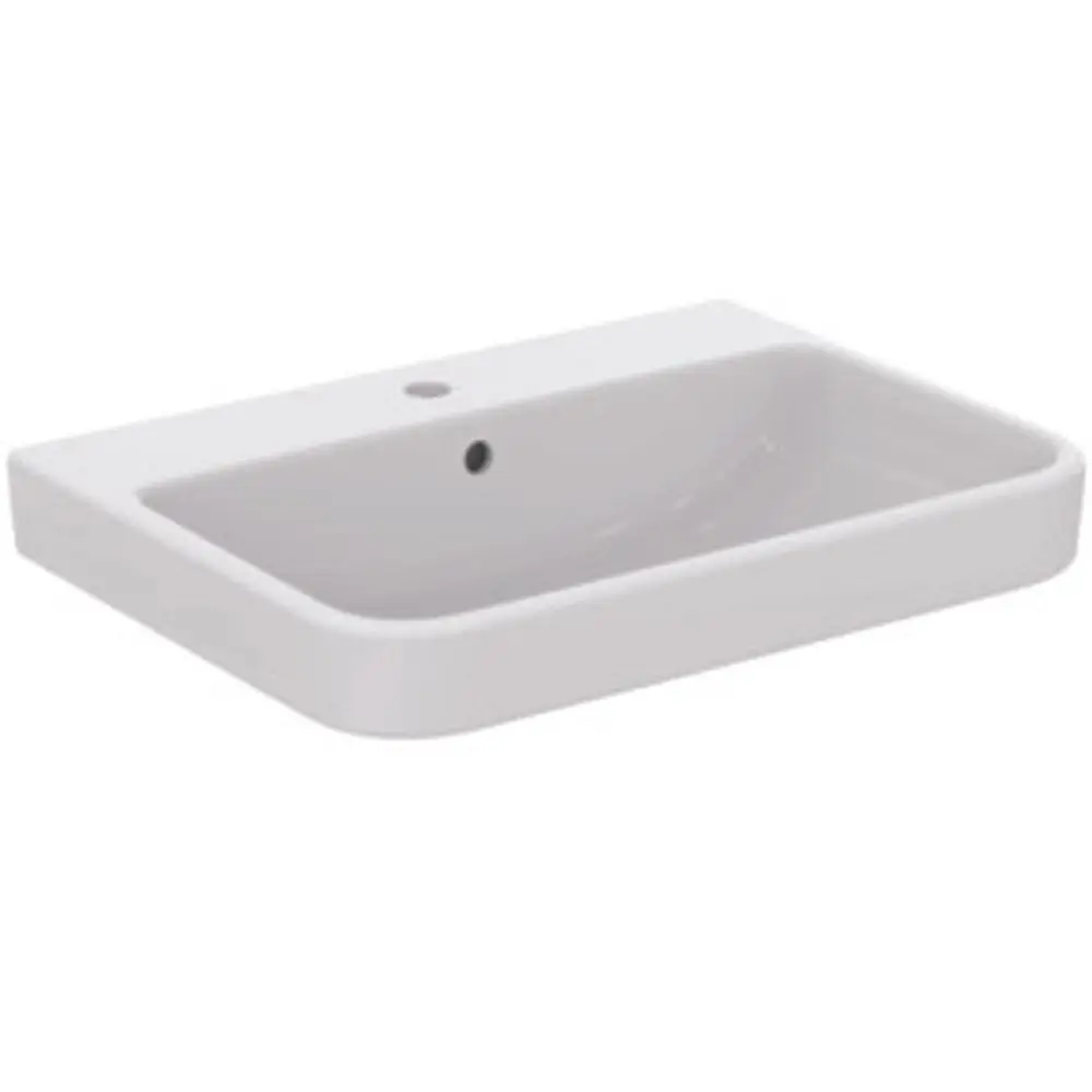 Waschtisch in Weiß von Ideal Standard, mit einer glatten Oberfläche und einem Wasserhahnloch in der Mitte. Eignet sich für Badezimmer-Installationen.